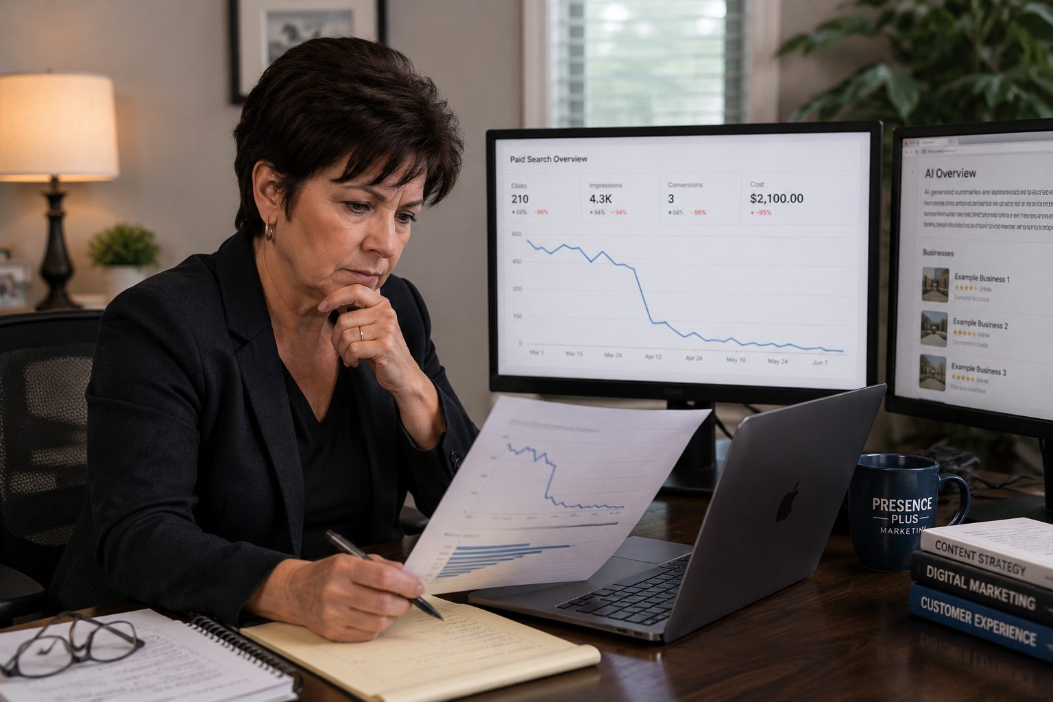 Ginny Witsman reviewing a sharp decline in paid-search activity.