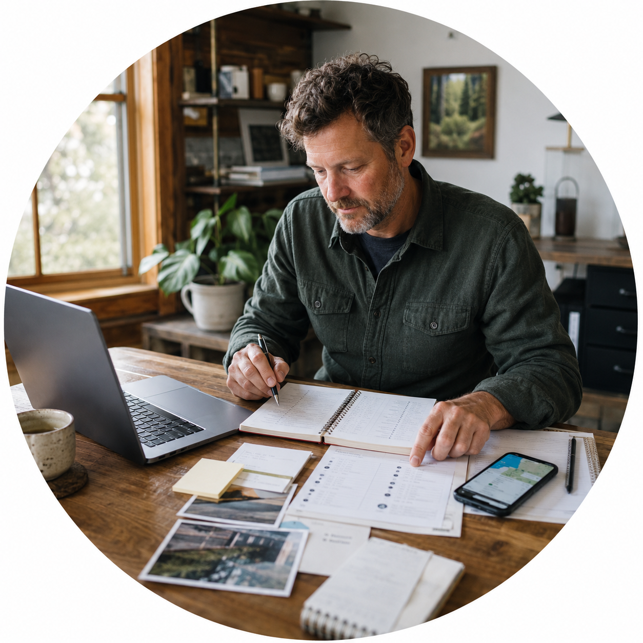 A local business owner reviewing business information, photographs, and online activity.